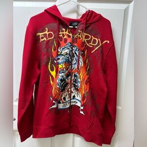 Unisex Ed Hardy Red Zip-Up hoodie with Graphic Design